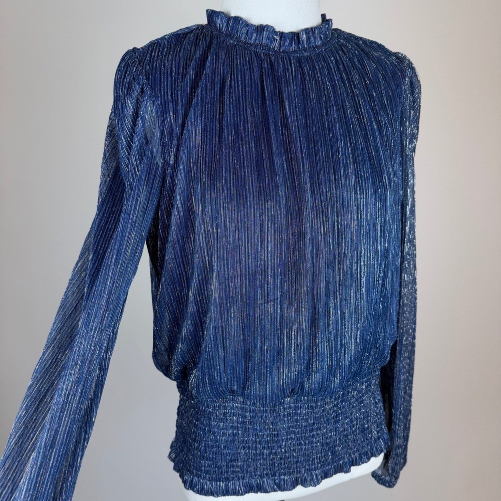 Joie Navy Blue Metallic Pleated Smocked High Neck Blouse Womens Large Party Glam - Picture 2 of 11